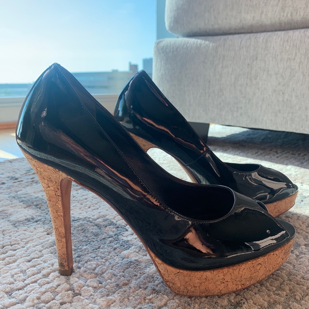 Cole Haan Mariela Black Patent Peep Toe Cork Platform Stiletto Heels